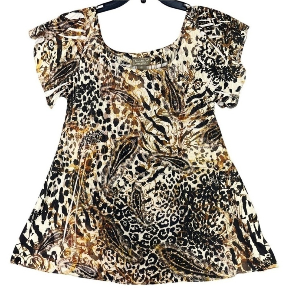 Jane Ashley Leopard Paisley Blouse Womens L Flutter Sleeve Square Neck Casual